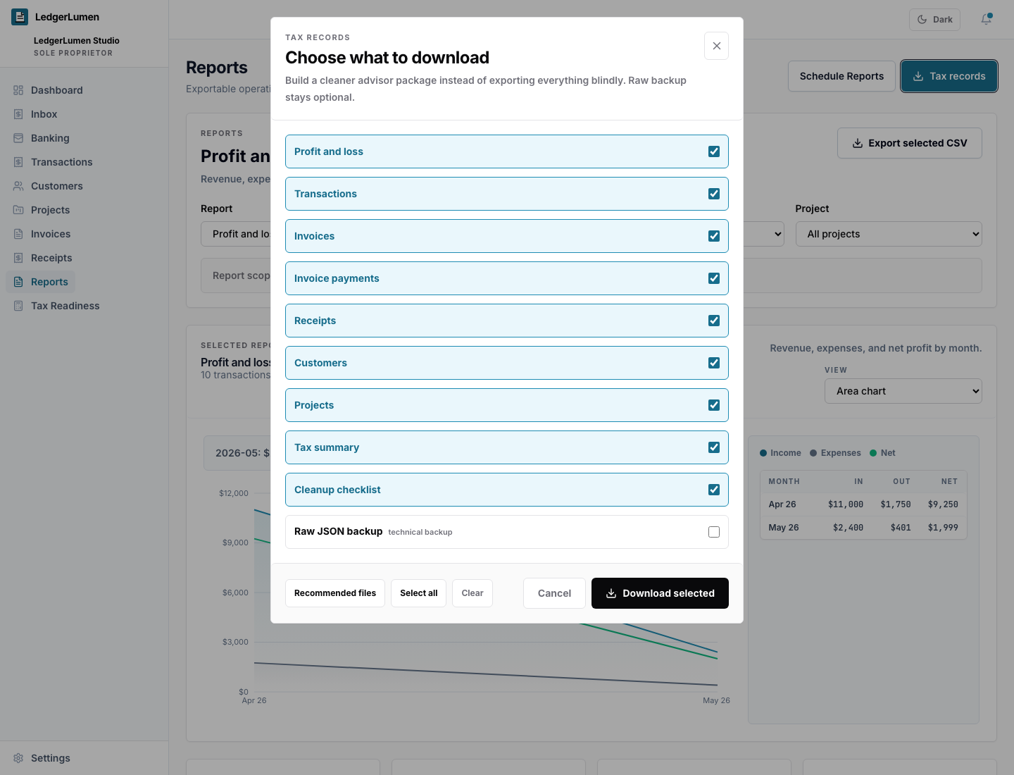 LedgerLumen advisor export screen showing selected tax records, invoices, receipts, projects, and cleanup checklist files