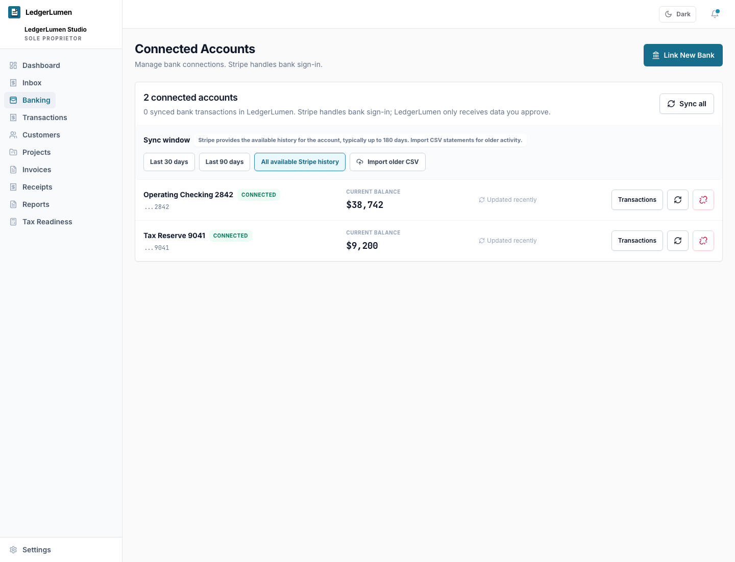 LedgerLumen banking screen showing optional connected accounts, sync controls, and CSV import fallback