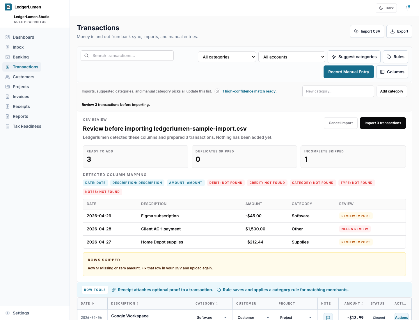 LedgerLumen CSV import review showing detected columns, ready transactions, skipped rows, and sample transaction categories