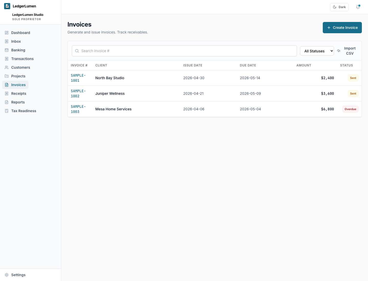 LedgerLumen invoices screen showing sample invoice records, due dates, balances, and overdue status