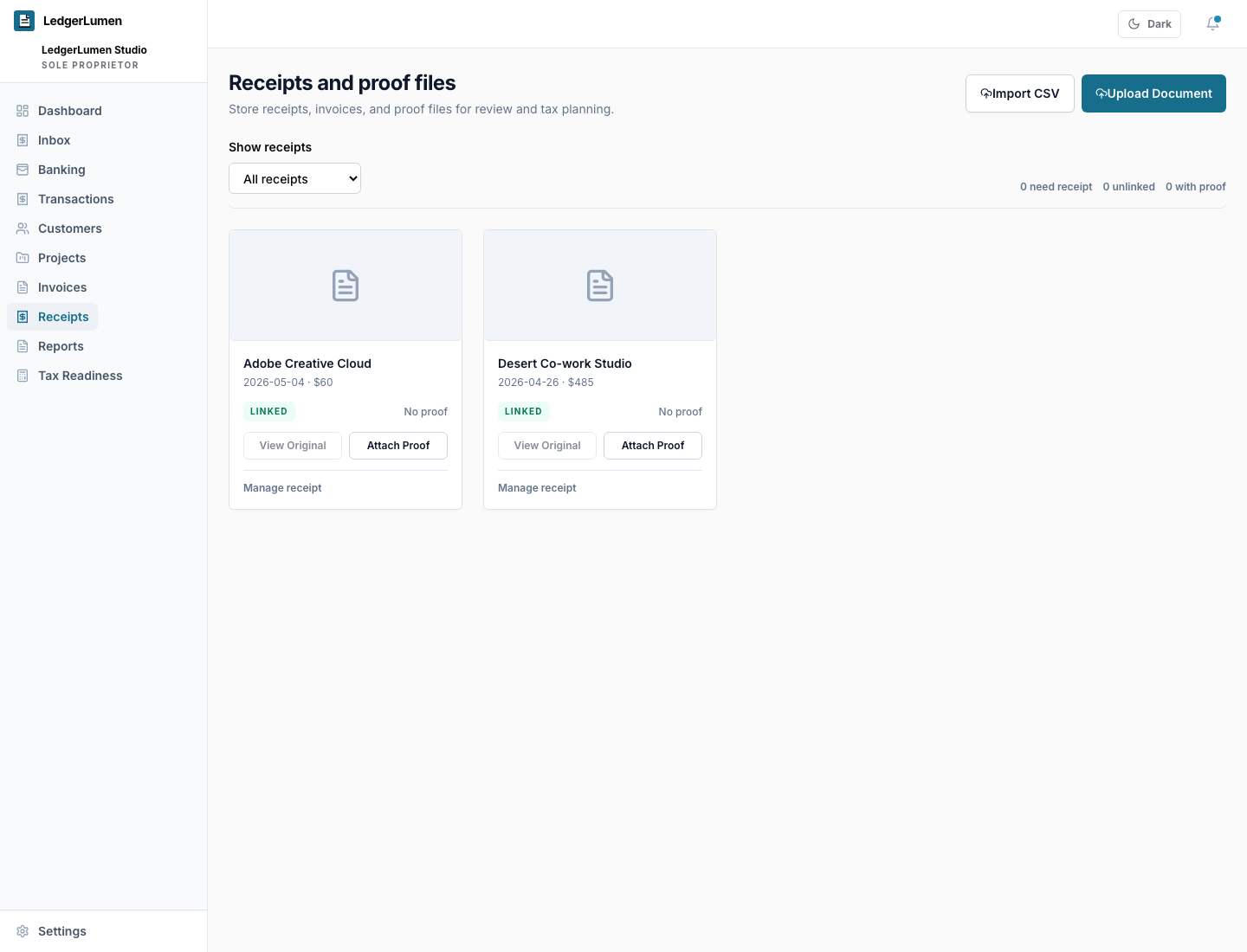 LedgerLumen receipts screen showing sample receipt records, linked expense status, and proof attachment controls