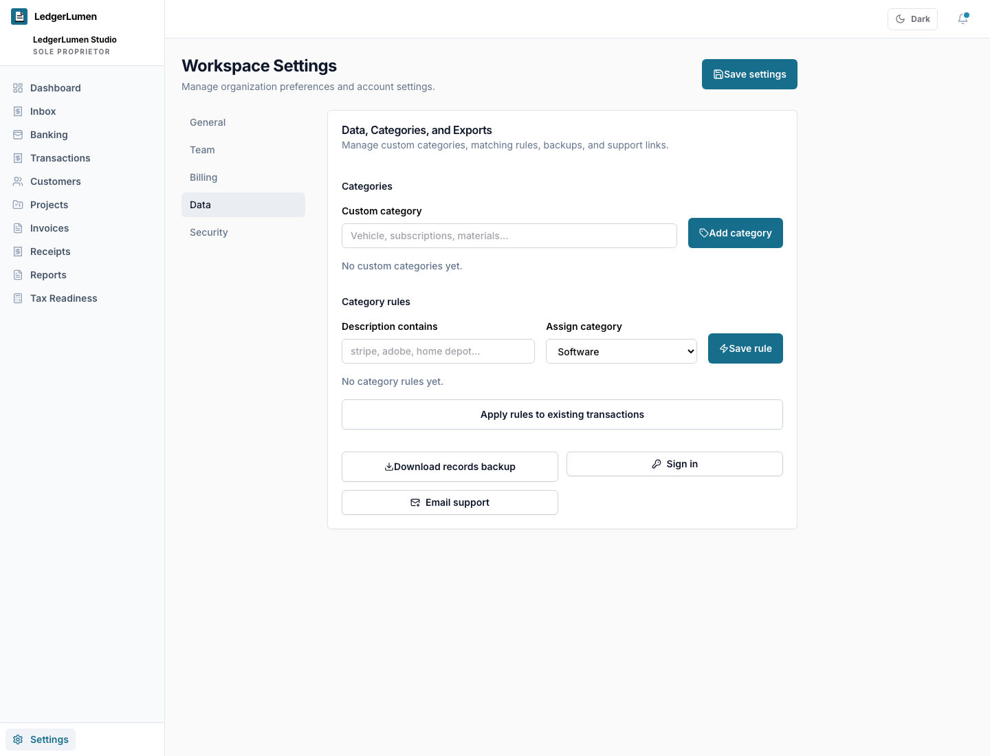 LedgerLumen settings data screen showing category rules, backups, exports, and support controls