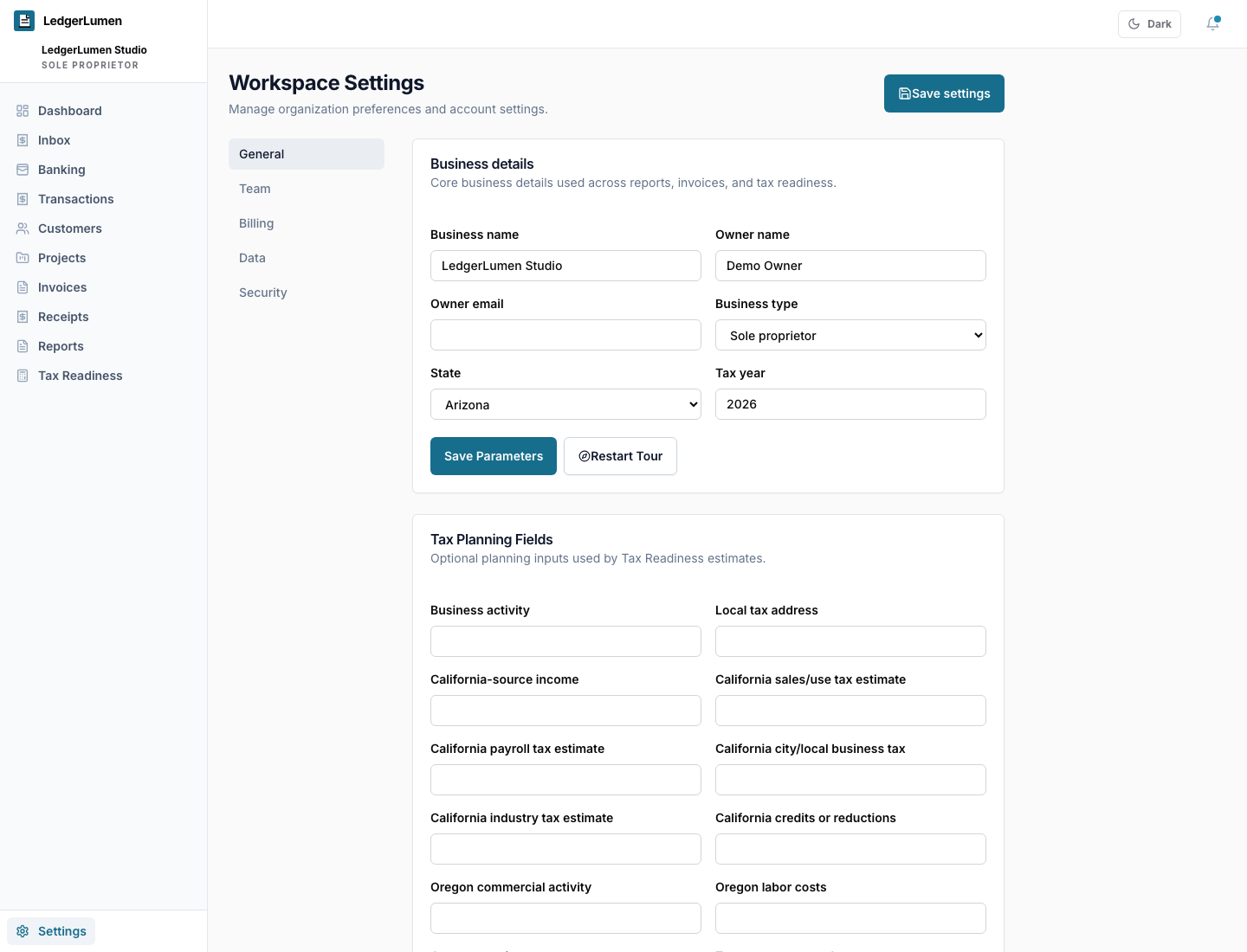 LedgerLumen settings showing secure workspace preferences, roles, exports, and data controls