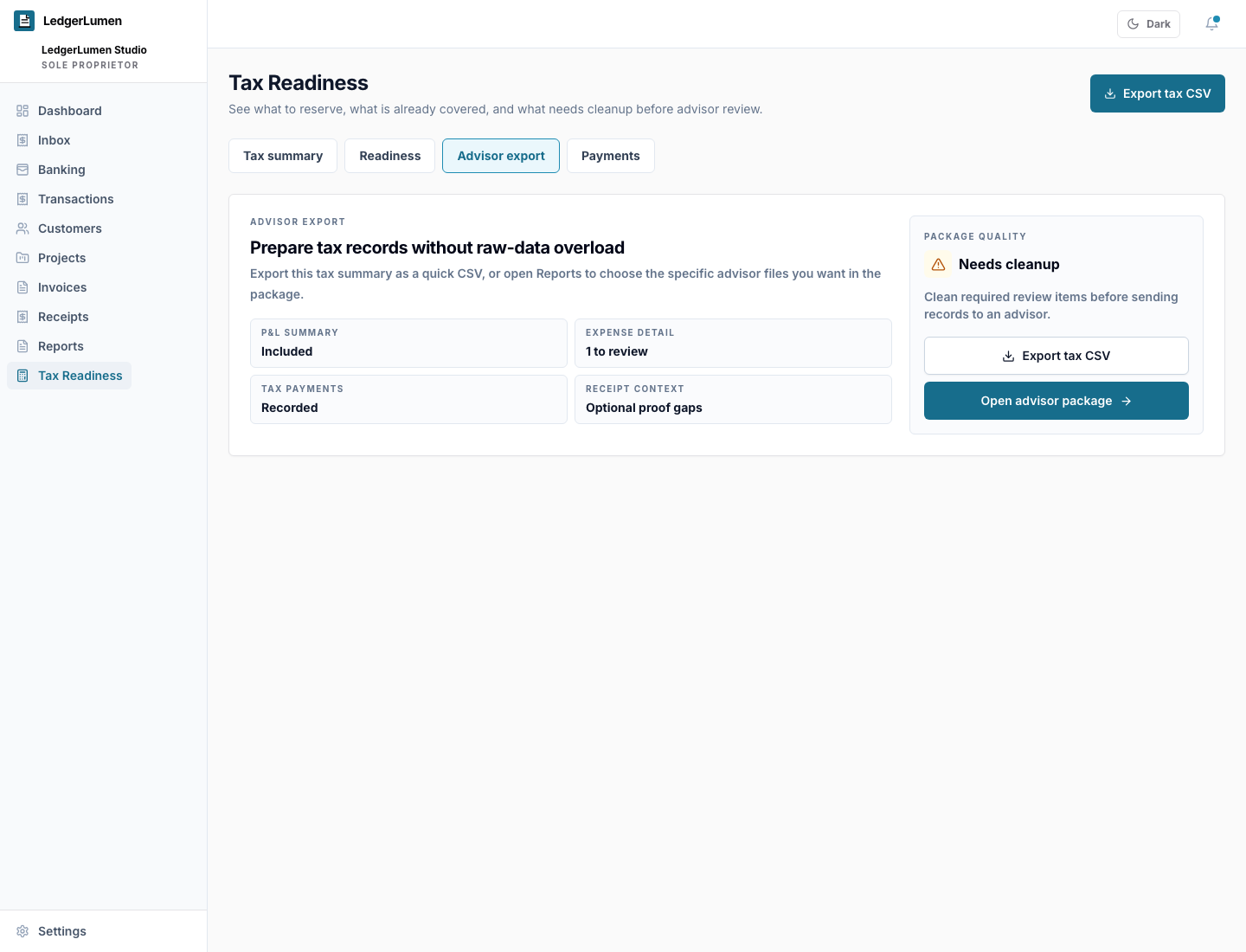 LedgerLumen tax advisor export screen showing package quality, expense detail, tax payments, and receipt context