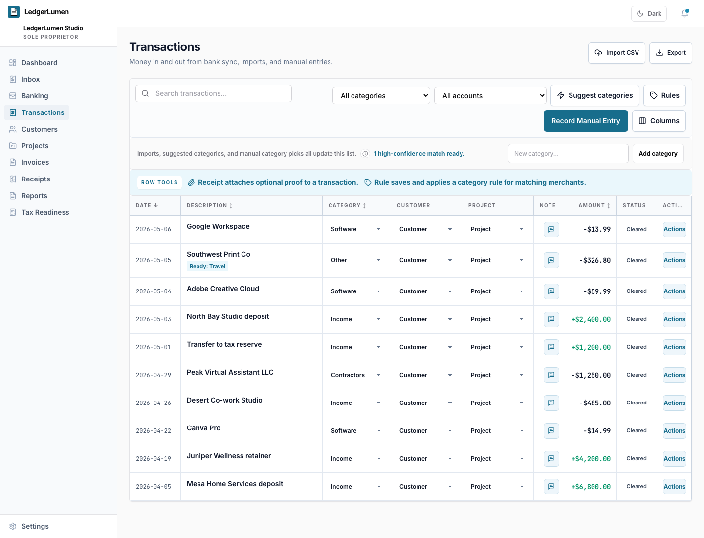 LedgerLumen transactions screen showing sample income and expenses with categories, customers, projects, and actions